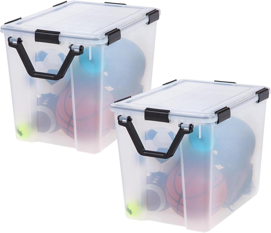 IRIS USA WeatherPro 103 Qt Storage Bins with Lids, 2 Pack, BPA-Free Plastic Gasket Box with Tight Latch and Seal, Stackable Nestable Tote Tub - Clear/Black