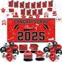 Red Themed 2025 Graduation Decorations Set - Graduation Decorations Class of 2025 include Congrats Grad Banner, Balloon, Hanging Swirl and Honeycomb, Grad Party Supplies for High School College