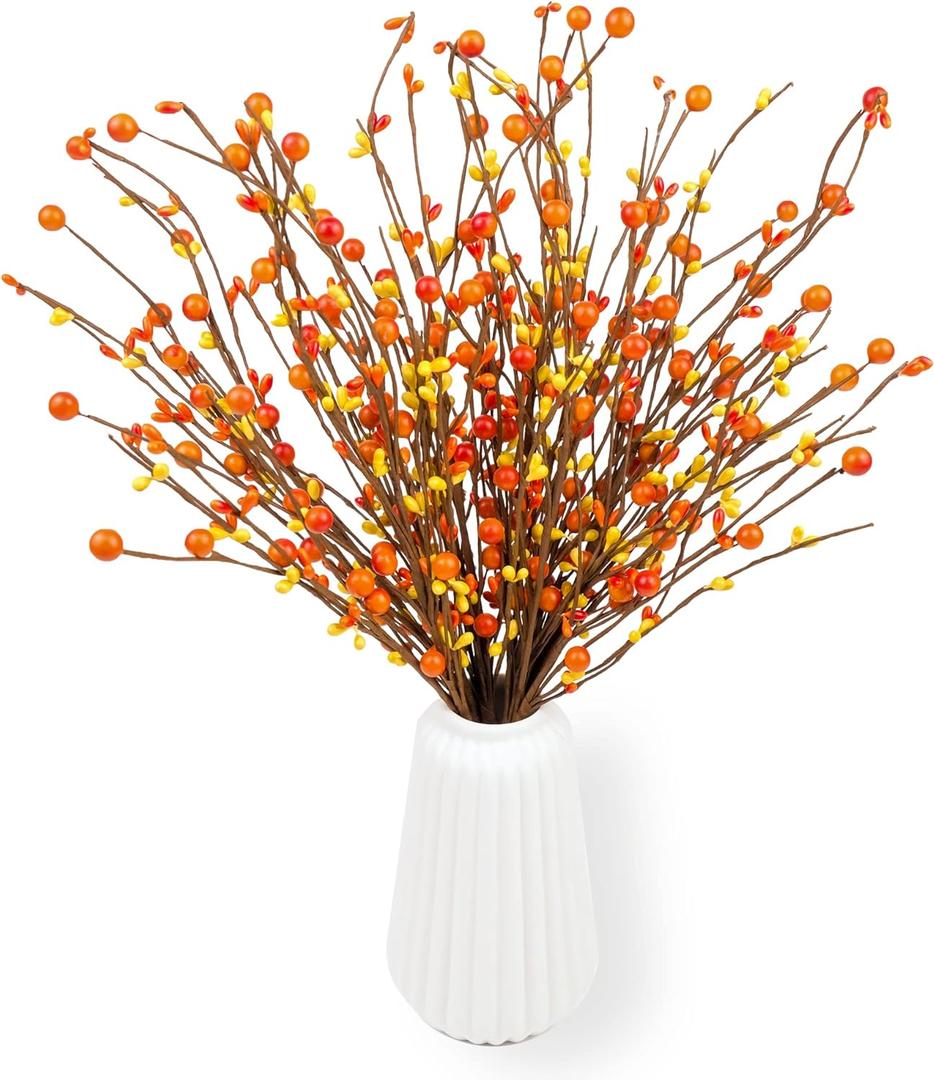 Fall Stems for Vases 6 Pack, 16.5" Artificial Berry Stems for Autumn Farmhouse with Orange Berry Picks and Faux Flower, Autumn Thanksgivings Harvest Decoration