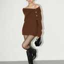 ZAFUL Women's Off The Shoulder Sweater Pullover Knit Cardigan Long Sleeve Loose Going Out Tops (Brown, M)