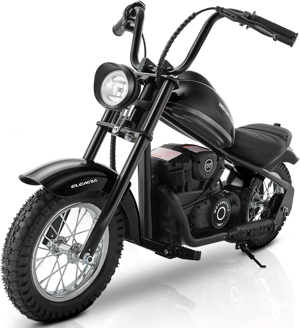 ELEMARA Electric Dirt Bike, 15 mph & 150lb Max, 24V Ride on Toy for Big Kids w/LED Lights & Power Display,Chain-Driven Motor,Twist-Grip Throttle, Shock Springs,Handbrake,12" Air-Filled Tires-Black