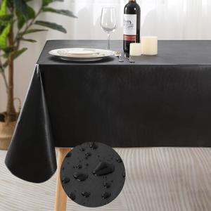 Rectangle Waterproof Vinyl Table Cloth, Flannel Backed Tablecloth, Wipeable Plastic Table Cover for Dinner, Kitchen, Outdoor, (60" x 102", Black)