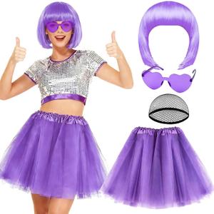 PLULON Light Purple Bob Wig Tutus Heart Sunglasses for Women Costume, Puffy Princess Tulle Tutu Skirt Colorful Short Bob Wigs for Birthday Bachelorette Mardi Gras Party Valentine's Day Music Festivals