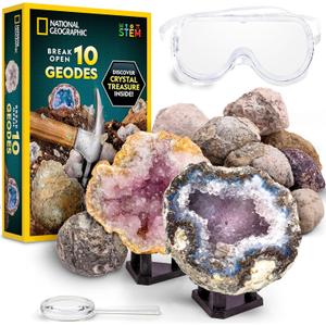 National Geographic Break Open 10 Premium Geodes  Includes Goggles & 2 Display Stands - Great STEM Science Kit, Geology Gift for Kids, Break Your Own Geodes with Crystals
