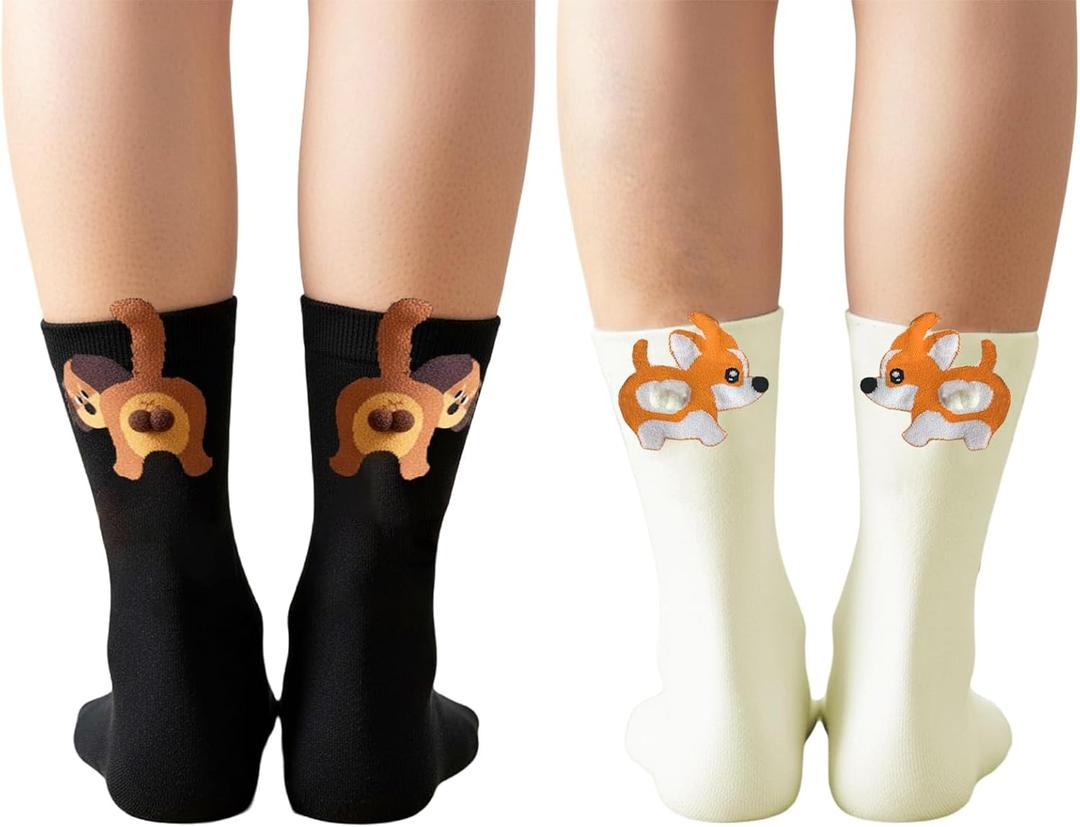 Adorable Dog Ball Socks with 3D Fuzzy Balls - 2 Pairs of Cotton Personality Crew Socks for Women, Featuring Dachshund and Corgi Designs, Excellent Gift for Dog Lovers