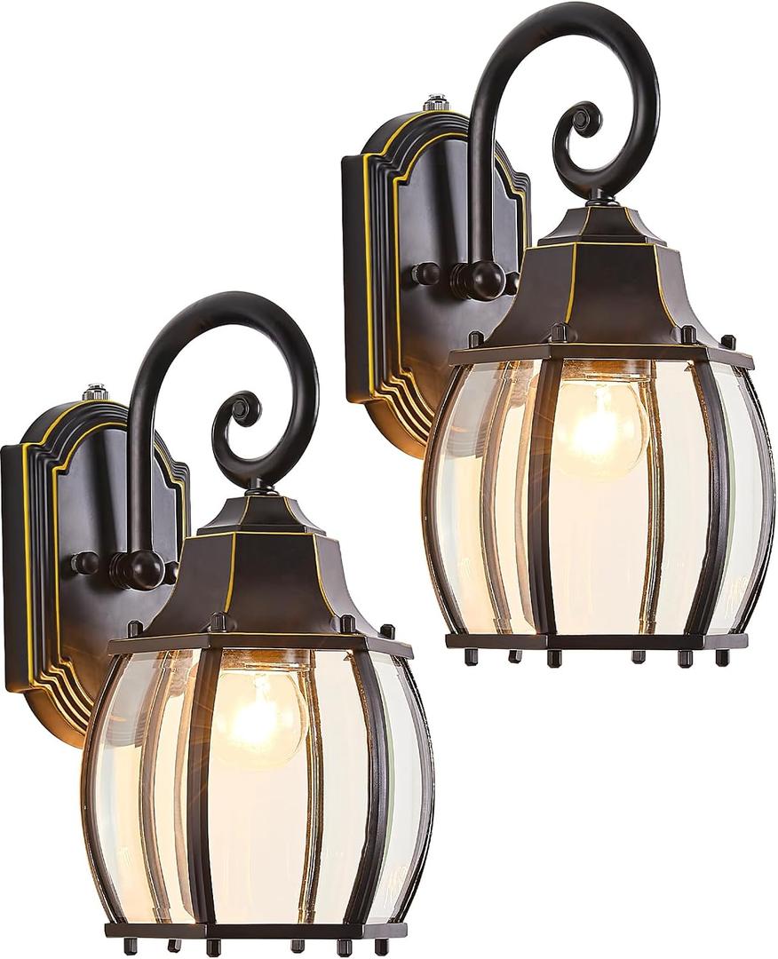 Dusk to Dawn Outdoor Wall Light Vintage Wall Lamp Outside with IP65 Sensor Exterior Light Fixtures Wall Mount Porch Light E26 Exterior Wall Sconces in Black with Gold Rim for House 2-Pack