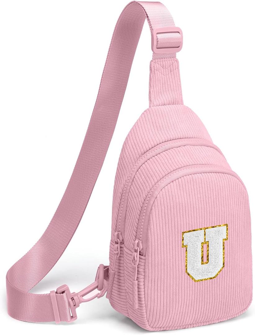 Viverte Small Corduroy Sling Bag Initial Crossbody Bag Fanny Pack for Girls Personalized Birthday Gifts for Teen Girls Gifts (Pink)
