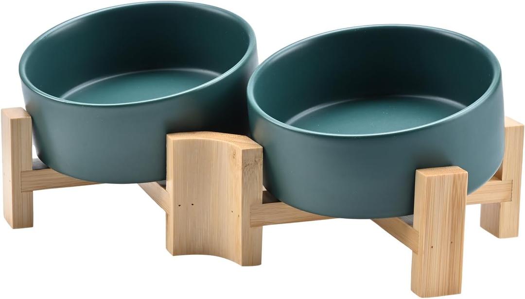 SPUNKYJUNKY 15 Slanted Ceramic Dog and Cat Bowl with Wooden Stand, Tilted Bulldog Food and Water Bowl No Slip Non-Spill for Cats Medium Dogs Big Face Pets 13.5 OZ (1.7 Cups, Green  2)