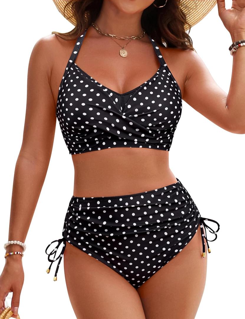 Blooming Jelly Womens High Waisted Bikini Sets Drawstring Tummy Control Swimsuits Crisscross Tie Back Bathing Suit (X-Large, Polka Dot)