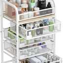 Makeup Organizer with 4 Drawers, Skincare Storage, Floor Skincare Organizers with Wheels Nameplates,Vanity Cosmetic Holder for Perfume, Nail Polish, Brushes, White