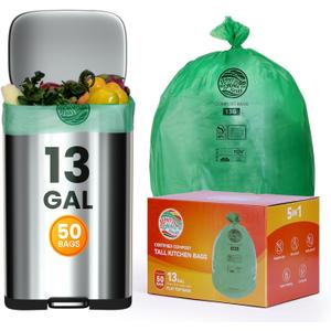 Trash bags 13+ gallon tall kitchen,Compostable Trash Lawn & Leaf Yard Waste Bags,Kitchen Compost Trash Bin Compatible,Extra Thick1.1 Mills,Certified by BPI and OK Compost(50count)