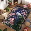 Living Room Rug 5x7 Rug Machine Washable Floral Peacock Area Rug Non Slip Floral Animal Vintage Low Pile Large Rug for Living Room, Bedroom, Farmhouse, Dining Room, Kids Playroom (Cobalt blue)