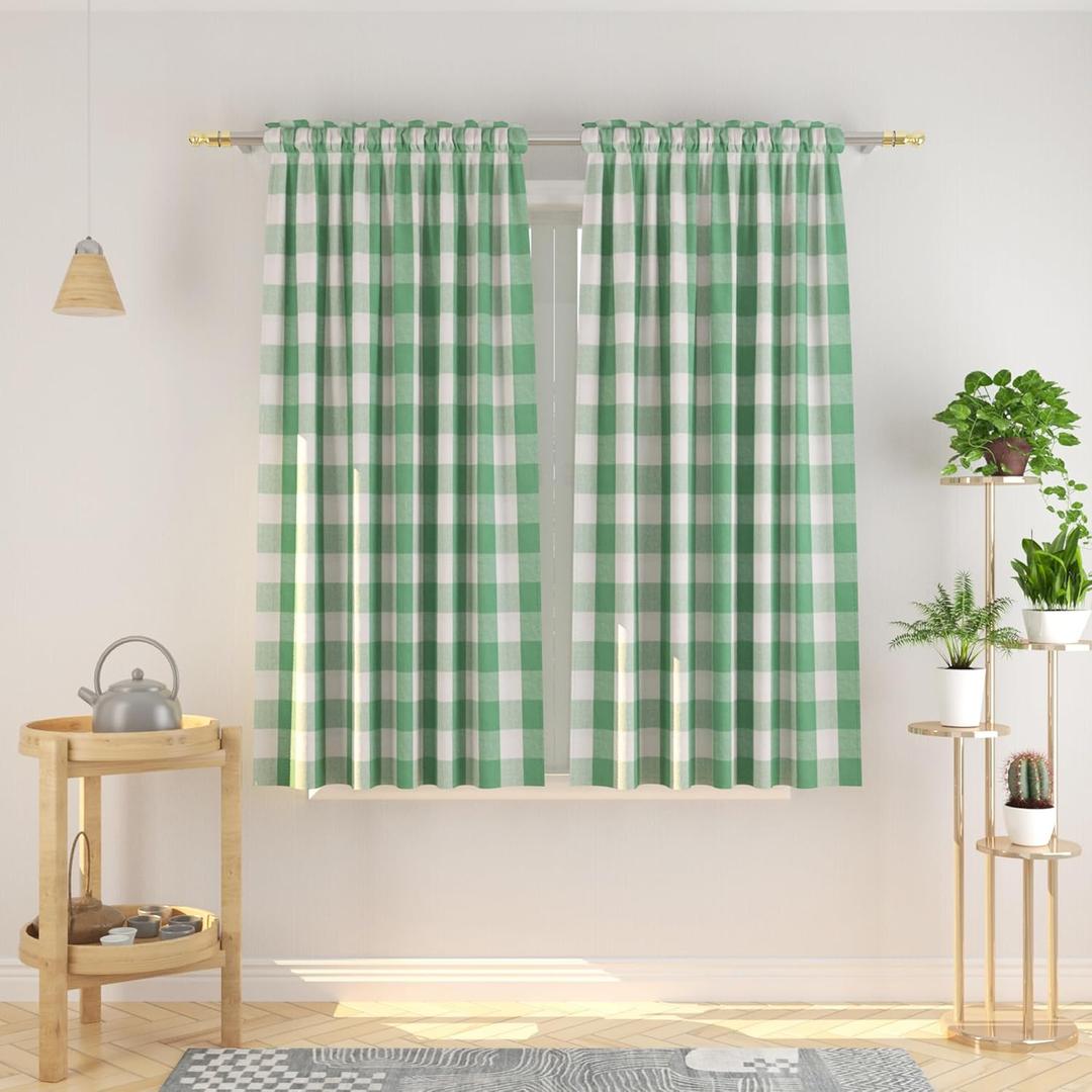 Buffalo Check Curtains 54 inches Length Cotton Basement Green and White Gingham Plaid Kitchen Window Curtain Panels Living Room Checker Drapes Bedroom Rod Pocket Window Treatment 2 Panels