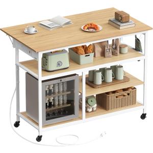 VASAGLE Kitchen Island with Drop Leaf, 47.2" Width Rolling Kitchen Cart with Power Strip, Extendable Worktop, Workbench,Pegboard, Adjustable Shelf, Golden Oak and Cloud White UKKI013Y01, 28.7"D x 47.2"W x 38"H