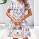 BTFBM Women Spring Dresses 2026 Short Sleeve V Neck Tiered Ruffle Boho Swing Dress A-Line Floral Mini Dresses (White, XL)