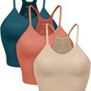 ODODOS Women's Crop 3-Pack Waffle Knit Seamless Camisole Crop Tank Tops, Beige+ Coral +Teal, Medium/Large