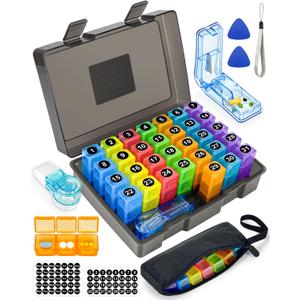 Monthly Pill Organizer 3 Times a Day Yonlog Large Medicine Box with Weekly Travel Bag, Pill Cutter, Easy-Open Pick, Pill Taker Tool, and 2 Medication Stickers (Black, 3 Times a Day)