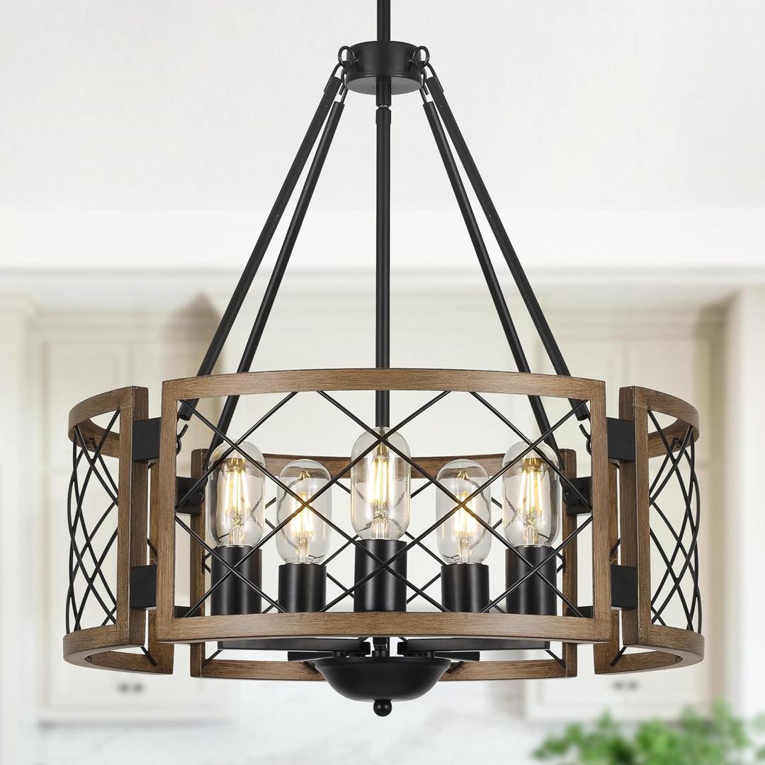 5-Light Farmhouse Chandelier Brown Rustic Chandelier for Dining Room Wood Texture Adjustable Pendant Light,Drum Chandelier for Kitchen Island Entryway Bedroom Hallway,18.9'',E26.