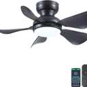32 Inch Modern Ceiling Fans with Lights, Small Flush Mount Ceiling Fan with Light and Remote/APP Control, 5 Reversible 6 Speeds Curved Blades, 3 CCT Dimmable Lights for Bedroom, Black