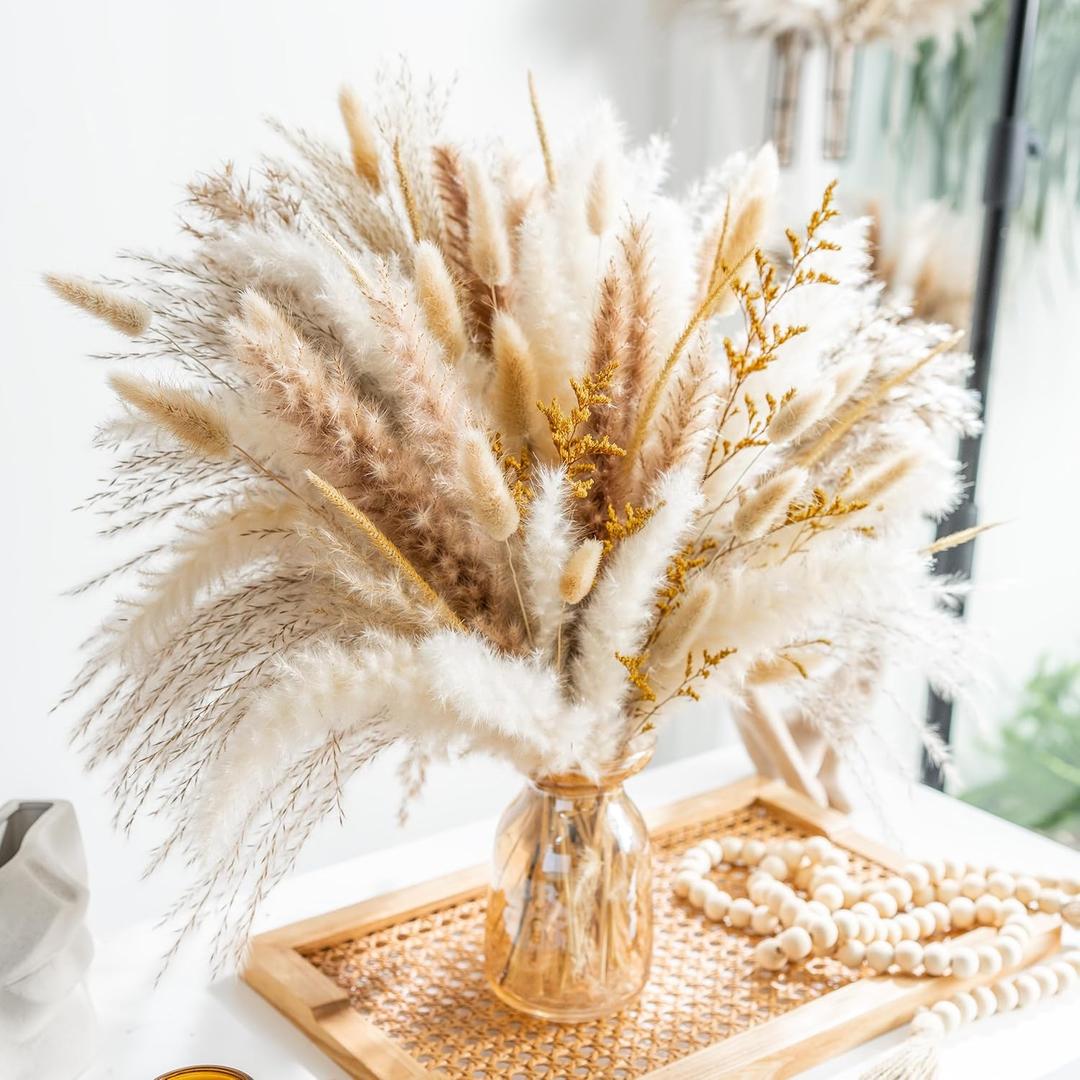 100PCS Natural Dried Pampas Grass Boho Home Decor Bouquet Phragmites Dried Flowers Bouquet for Wedding Floral Arrangements Home Decorations (100PCS)