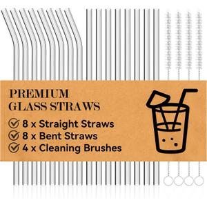 Foogwee 20 Packs Reusable Glass Straws Set, 8.5'' x 10mm Clear Drinking Straws for Smoothies, Shakes, Coffee, Juice, Sodas, Milk, Tea, Cocktails, Set of 8 Straight and 8 Bent with 4 Cleaning Brushes
