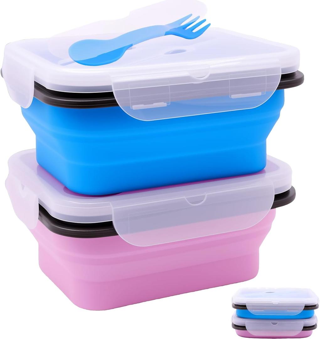 2 Pack Collapsible Silicone Bento Lunch Boxes With Lids Spoon Fork, 20.3oz, Lunch Food Storage Containers, Safe in Microwave, Dishwasher and Freezer, BPA Free (Blue and Pink)