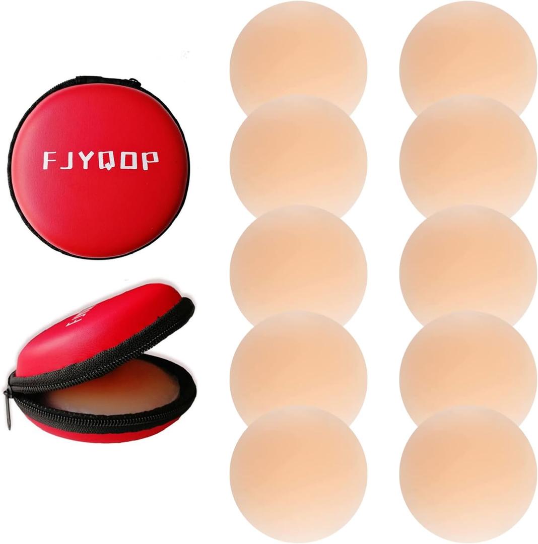 FJYQOP Silicone Nipple Covers - 5 Pairs, Women's Reusable Adhesive Silicone Pasties Nippleless Covers Round (Beige)