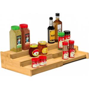 Spice Rack, 3-Tier Expandable Bamboo Spice Rack Organizer for Cabinet - Kitchen, Pantry and Cupboard Storage Organizer