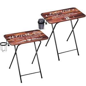 Leinuosen Set of 2 Foldable TV Trays with Anti-Spill Cup Holder, 23.62''L x 15.75''W x 26''T Large Folding Table for Eating Reading Office Camping, Space Saving, Easy Assembly(Dark Brown, Unique)