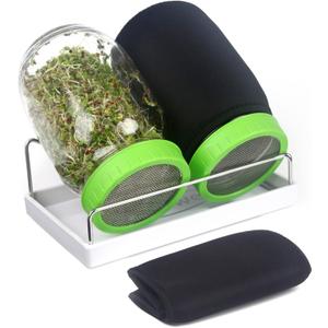 Seed Sprouting Jar Kit with Wide Mouth Mason Jars, Premium Stainless Steel Screen Sprout Lids, Blackout Sleeves, Tray and Sprouter Stand - Growing Broccoli, Alfalfa, Mung Beans and More