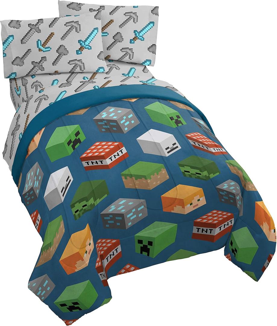 Jay Franco Minecraft Isometric 4 Piece Twin Bed Set - Includes Comforter & Sheet Set - Bedding Features Creeper - Super Soft Fade Resistant Polyester - (Official Minecraft Product) (Twin, Blue - Minecraft)