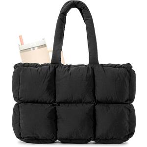 Herald Puffer Tote Bag for Women, Large Quilted Puffy Handbag Lightweight Satchel Purse with Cup Holder & Compartment