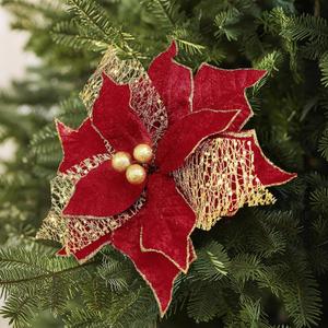 Alupssuc 10 PCS Poinsettia Christmas Flowers Artificial, Large Size 9 Inch Glitter Poinsettia Flowers Artificial, Sparkling Christmas Decorations for Xmas Tree Party Wreath Fireplace, Red Gold