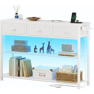 Furologee White Console Table with Charging Station & 3 Fabric Drawers, 38'' Entryway Table with Storage Shelves and LED Light for Entry Way, Industrial Display Shelf for Hallway, Foyer