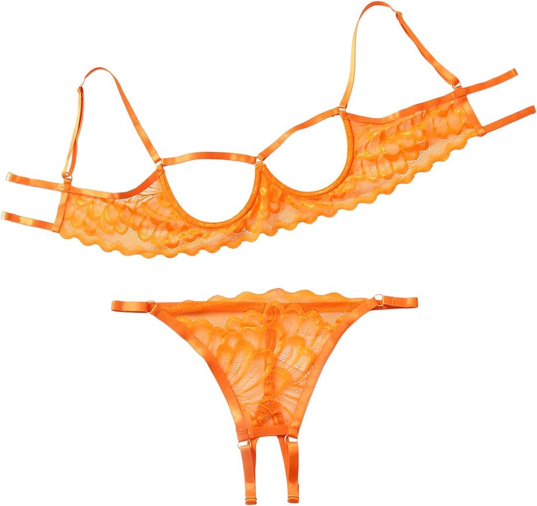 Lilosy Sexy Underwire Floral Lace Sheer Lingerie Set for Women See Through Bra and Panty 2 Piece (Orange, XL)