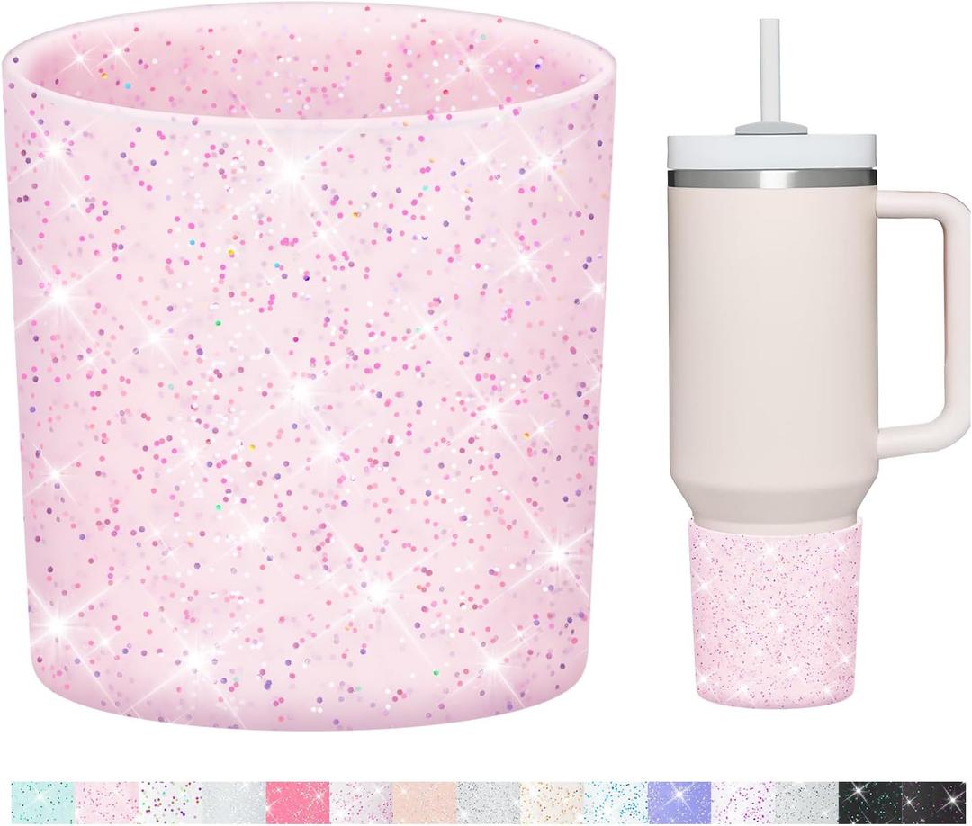 WUQID Glitter Higher Silicone Boot Compatible with Stanley Quencher H2.0 40oz 30oz 20oz & IceFlow Flip 30oz 20oz, Tumbler Cups Anti-Slip Bottom Sleeve Cover (Translucence Pale Pink)