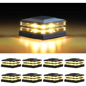 EXCMARK 4x4 Solar Post Cap Lights Outdoor Waterproof 8 Pack Fence Deck Post Lights with High-Brightness LEDs, Dual Light Modes Warm White & Cool White. (Classic Black, 8)