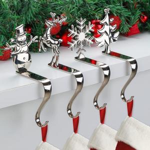 Christmas Stocking Holders for Mantle - Set of 4 Silver Hangers for Fireplace Mantel - Hooks for Christmas Stockings