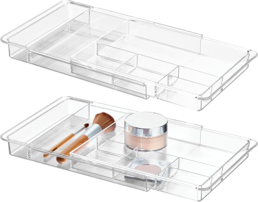 iDesign Makeup Storage Tray for Cosmetics or Jewelry, Set of 2, Clear Linus Expandable Drawer Organizer M2