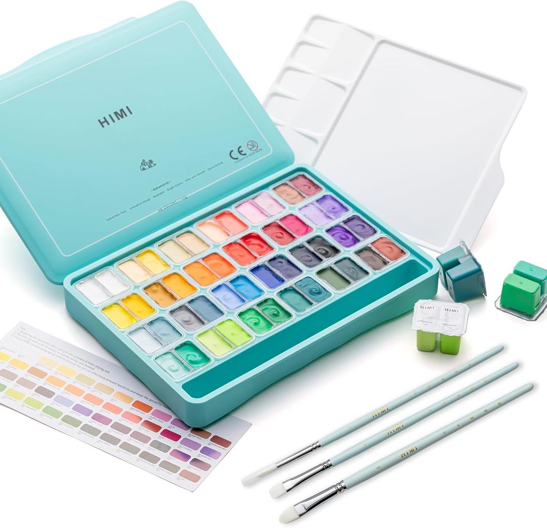 HIMI Twin Cup Jelly Gouache Paint Set with 3 Paint Brushes, 48 Colors 12g, Jelly Cup Design, Non Toxic Paint for Canvas and Paper, Art Supplies for Professionals (Green Case)