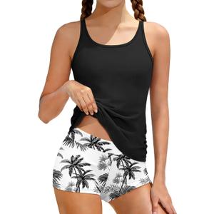 Girls Swimsuit Two Piece Girls Tankini Swimsuit with Tropical Printed Shorts Adjustable Bathing Suit Swimwear (15-16 Years)