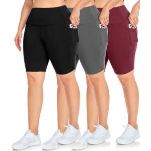 NEW YOUNG 3 Pack Plus Size Biker Shorts with Pockets for Women-High Waisted 8" Yoga Pants Workout Shorts (3pack-black/Wine/Grey)