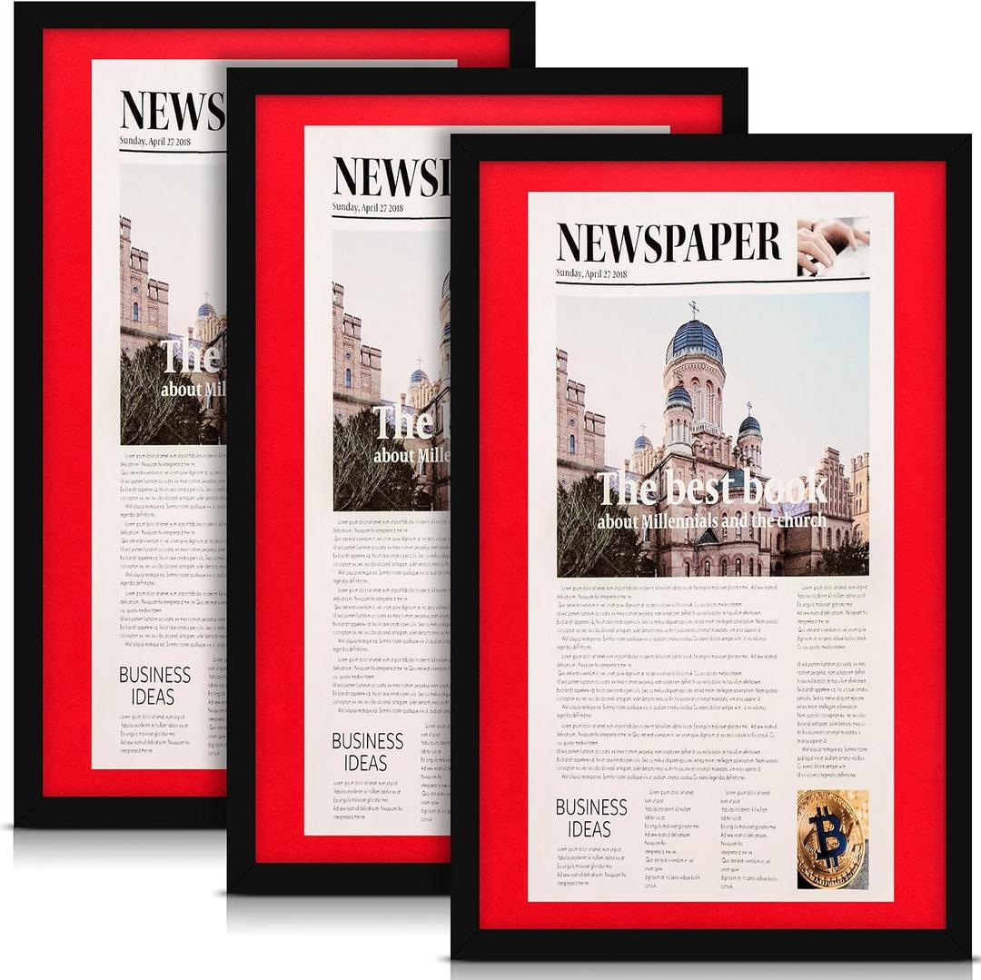 DoubleFill 3 Pcs 11x22 in Newspaper Frame with Mat Assorted Media Article Cover Frame with Hanging Hardware 14x24 in Newspaper Display Poster Frame for Wall Decoration (Red Mat)