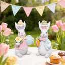 Hodao Easter Bunny Figurines Set of 2 Decor, Spring Decorative Rabbit Couple with Colorful Cake, and Easter Eggs Tabletop Home Decoration for Living Room, Entryway (Blue-pink)