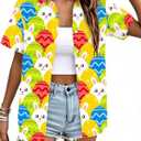 Easter Shirt for Women: Happy Easter Shirts Cute Rabbit Graphic T Shirt Short Sleeve Button Down Tee Tops (Yellow, S)