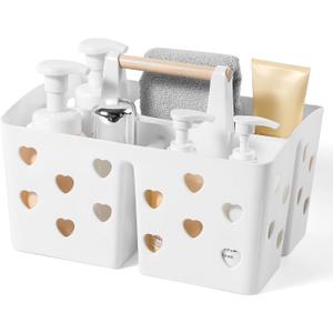 Portable Shower Caddy Plastic Shower Basket Organizer Divided Bathroom Caddy Storage Cleaning Caddy Tote with Handle for College, Dorm Room, Kitchen, White