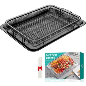 Air Fryer Basket for Oven, OPENICE 15.3" x 11.0" Air Fryer Tray and Pan Set with 30PCS Parchment Papers, Stainless Steel Oven Air Fryer Basket and Tray for Baking Grilling - Black