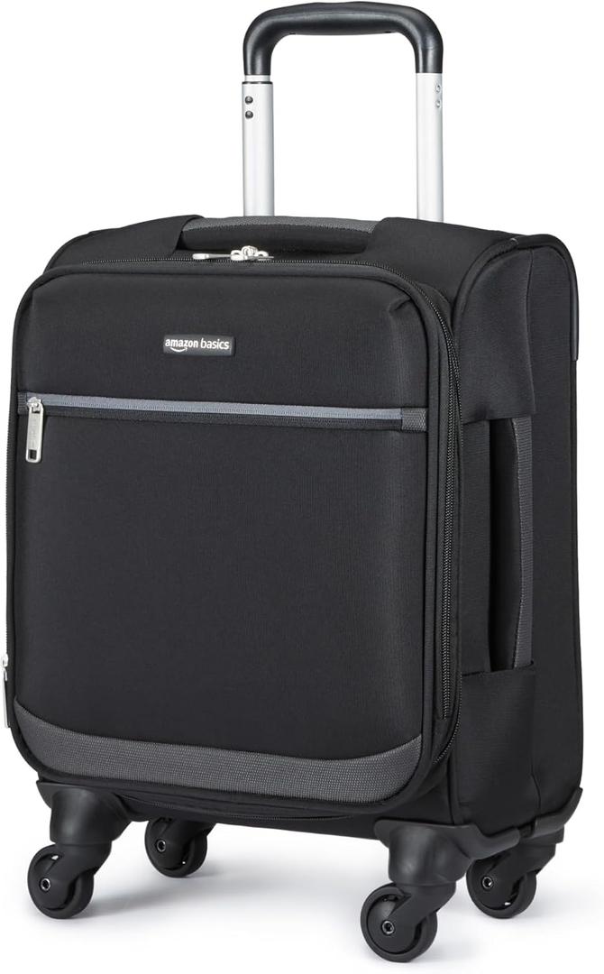 Amazon Basics 15" Small Carry-On Softside Expandable Luggage Suitcase with Spinner Wheels, Telescopic Handle, Zippered Pockets, Black