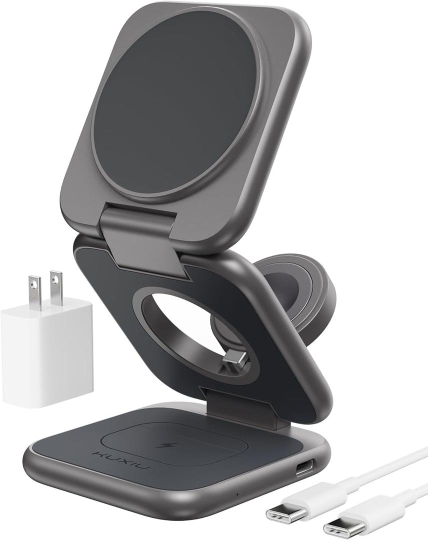 Foldable Magnetic Wireless Charger, KU XIU X40 Plus Aluminum Alloy 3 in 1 Charging Station for Apple, Fast Mag-Safe Charger for iPhone 16 15 14 13 12 Series, 5W for iWatch, AirPods 3/2/Pro, Dark Gray