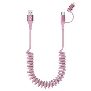 USB to USB-C and Lightning Cable Combo 2 in 1 Coiled Cable Apple Carplay & Android Auto Compatible [MFi& 3A Fast Charge& Data Sync] Coiled Lightning and USB C Cable for iPhone 16/15/14/13 Android, Pink